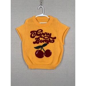Romwe Cherry Bomb Knit Sweater Vest Mustard Yellow Kids Size M Retro Graphic